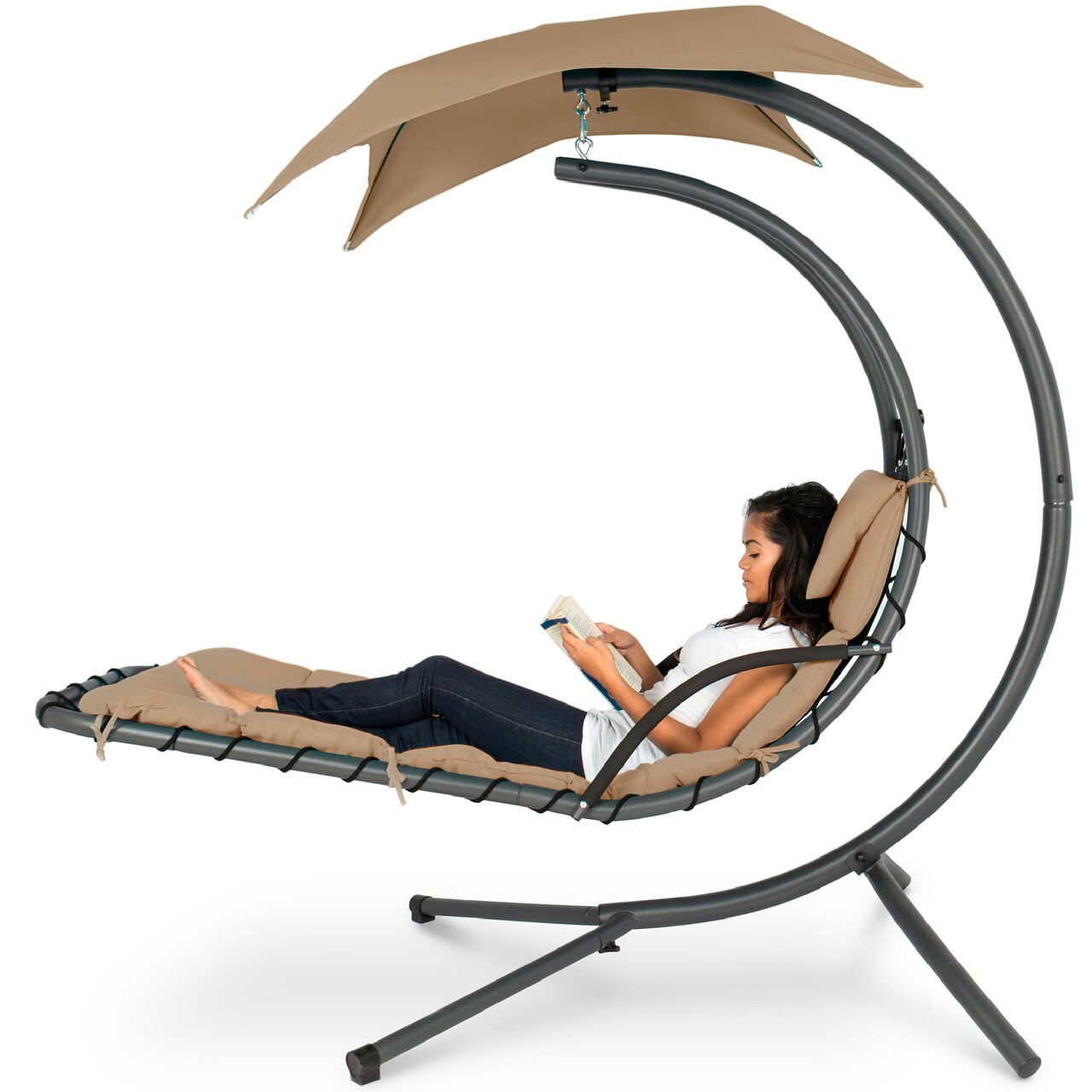 Best Choice Products Hanging Curved Chaise Lounge Chair Swing for Backyard, Patio w/ Pillow, Shade, Stand
